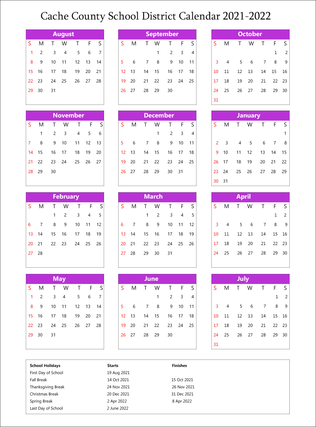 Cache County School District Calendar Holidays 2021-2022