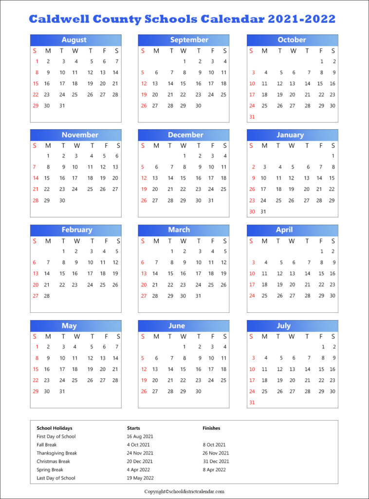 Caldwell County Schools Calendar Holidays 2021-2022