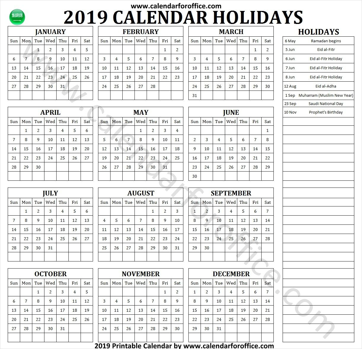 Calendar 2019 Saudi Arabia Holidays | Holiday Calendar