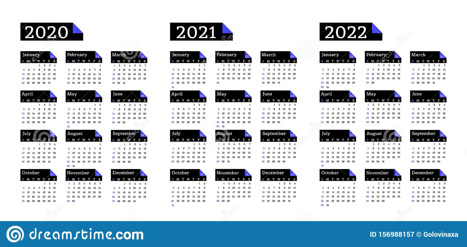 Calendar 2020, 2021 And 2022, Week Starts On Sunday, Basic