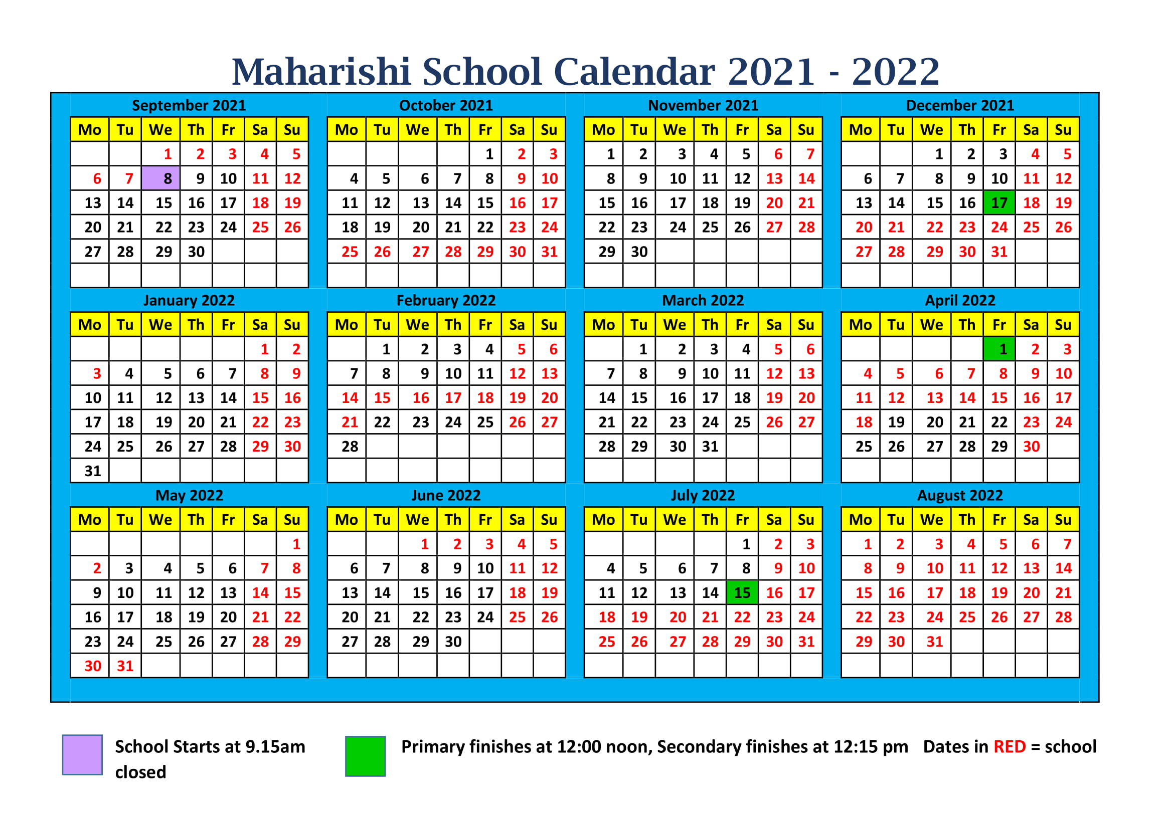 Calendar 2021-2022 - Maharishi School