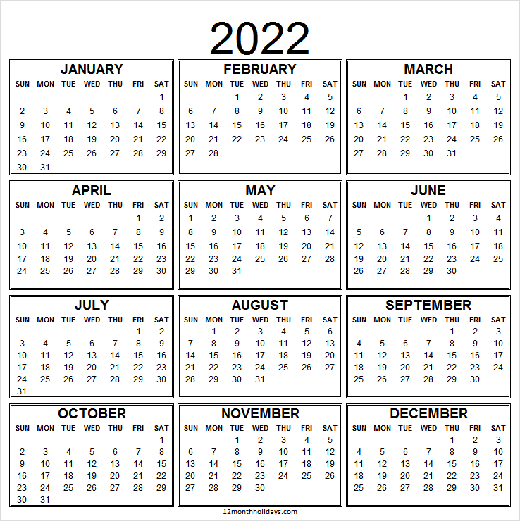 Calendar 2022 Archives - 12 Month Holidays Calendar Template