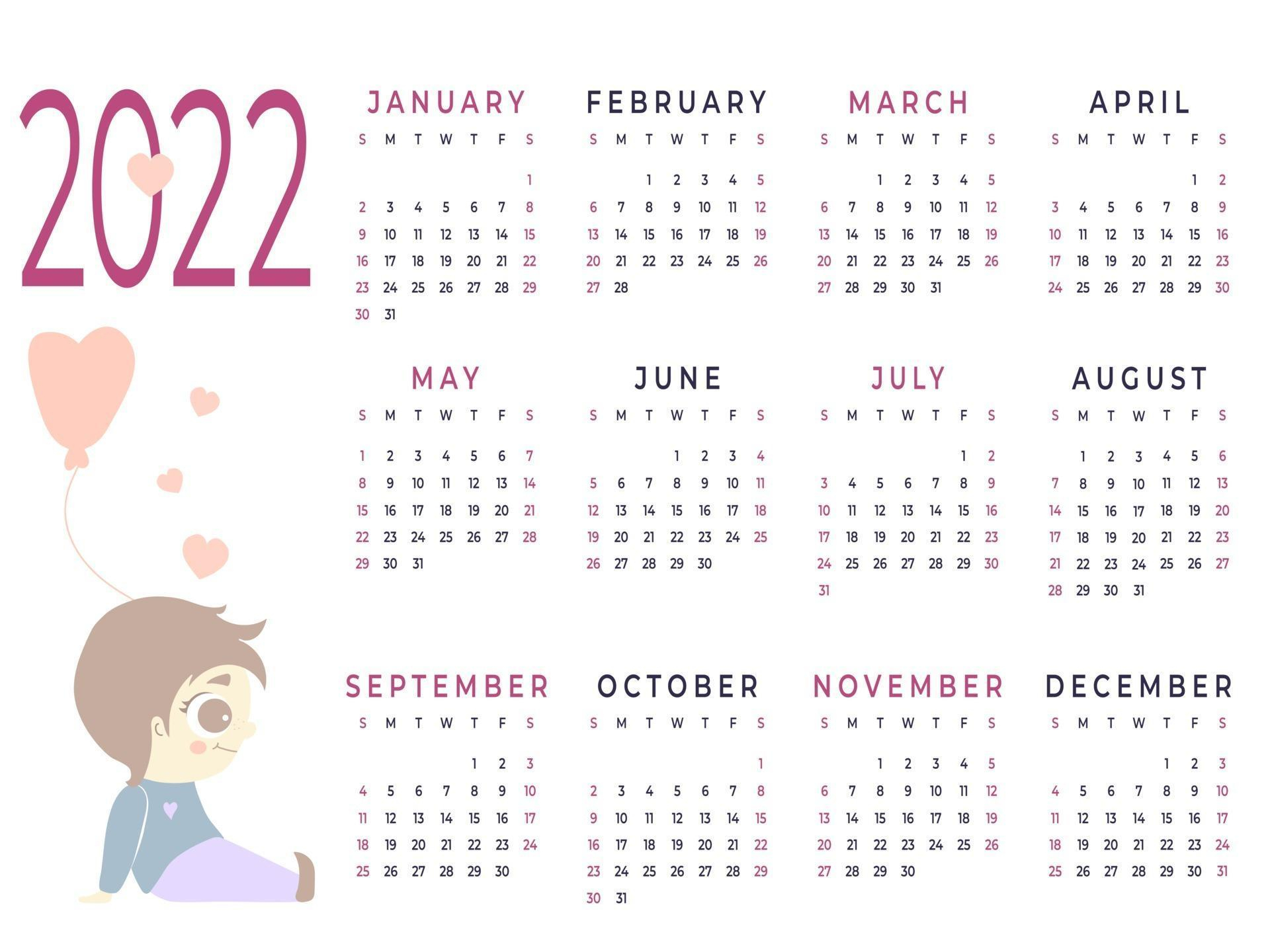 Calendar 2022 Horizontal Template For A Year Kids