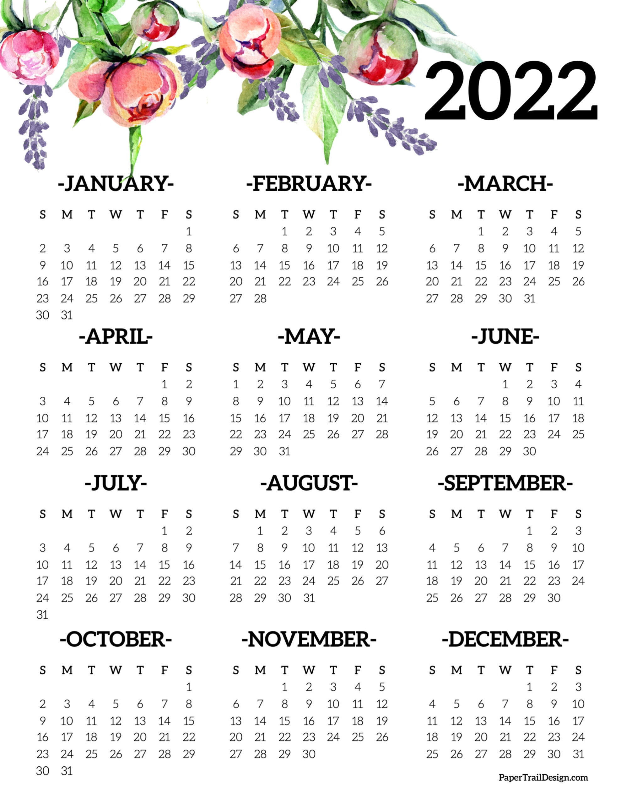 Calendar 2022 Printable One Page - Paper Trail Design