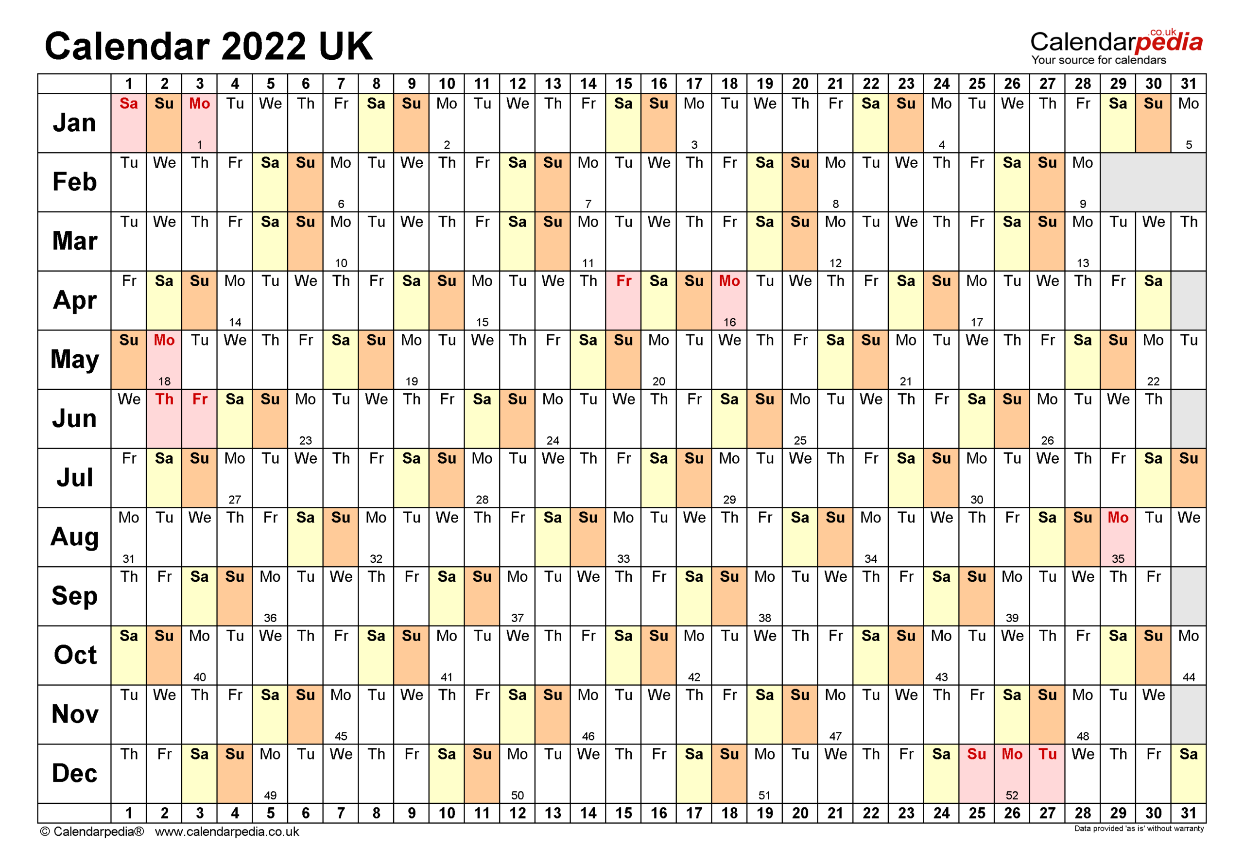 Calendar 2022 (Uk) - Free Printable Microsoft Excel Templates