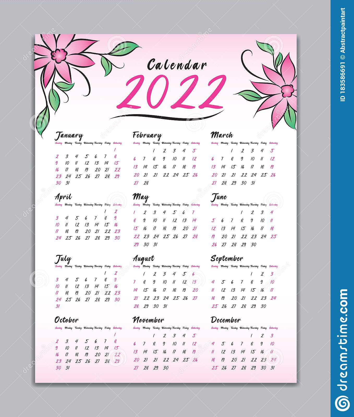 Calendar 2022 Vector Template, Wall Calendar 2022, Simple