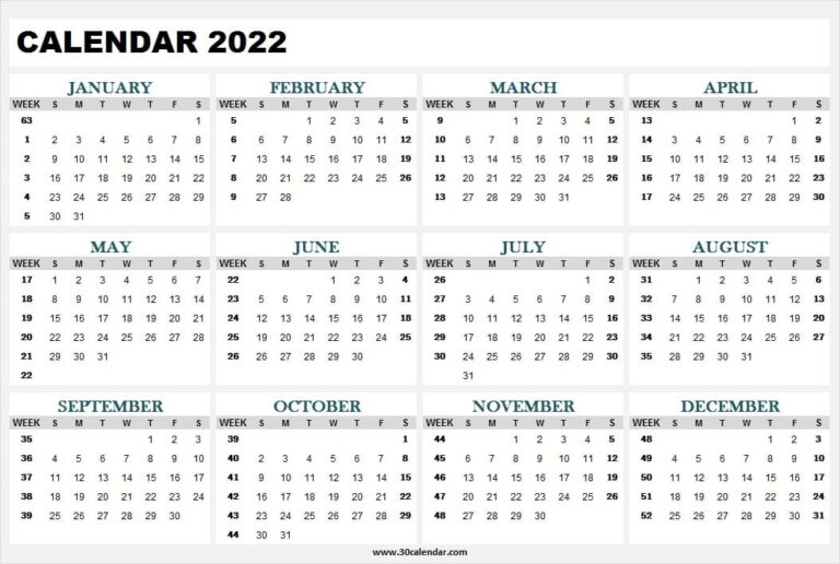Calendar 2022 Year Printable | Jan To Dec 2022 Calendar