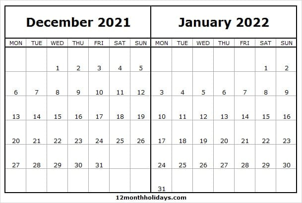 Calendar December 2021 January 2022 : Free January 2022