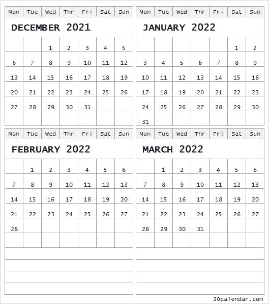 Calendar December 2021 To March 2022 - Cute Blank 2021