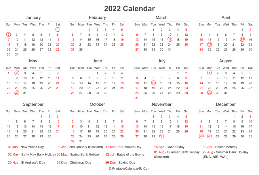 Calendar For 2022 With Holidays | Free Letter Templates