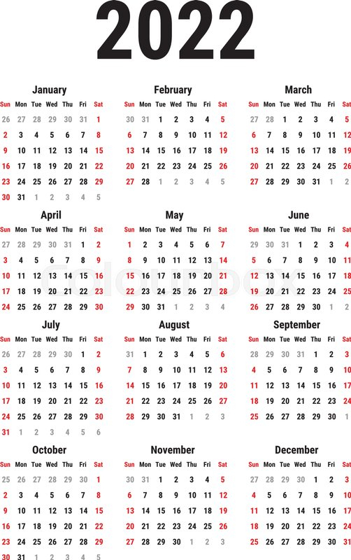 Calendar For 2022 Year On White  | Stock Vector | Colourbox