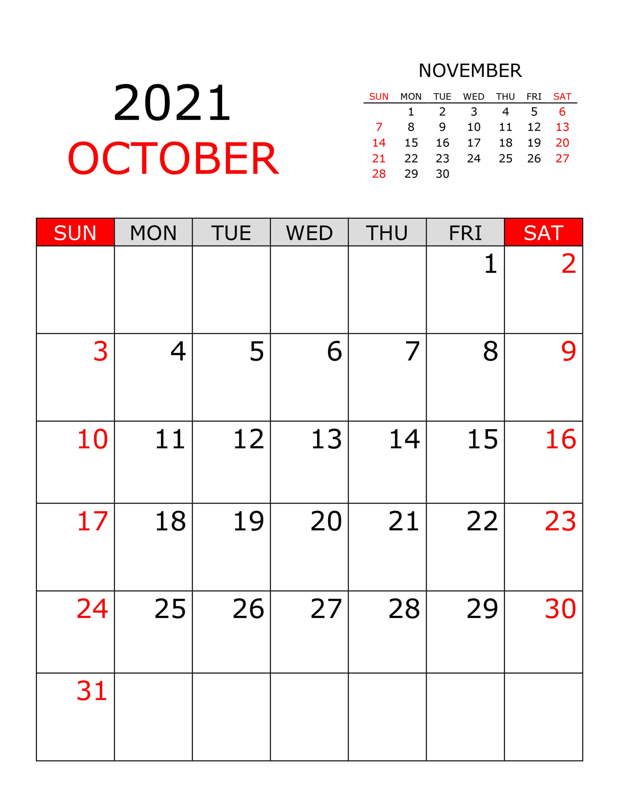 Calendar For October 2021 - Free-Calendar.su