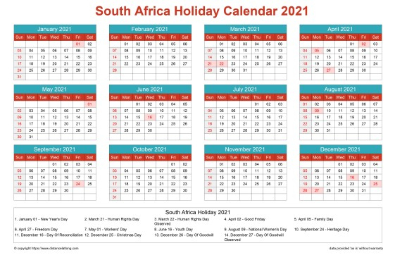 Calendar Horizintal Grid Sun Sat South Africa Holiday