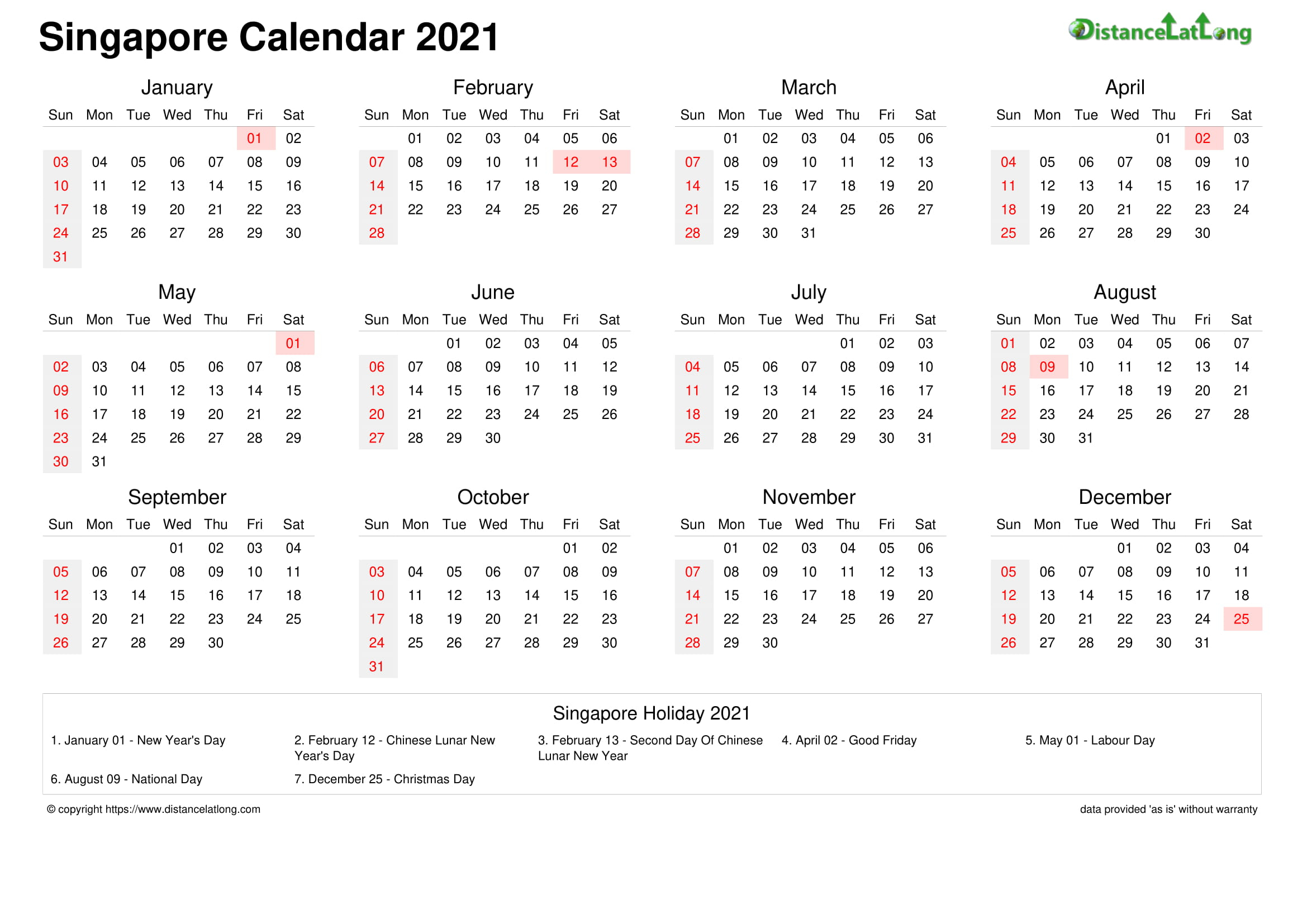 January 2022 Singapore Calendar