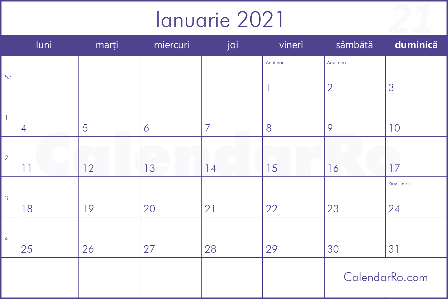 Calendar Ianuarie 2021