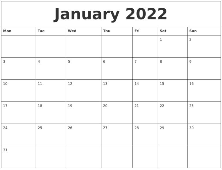 Calendar January 2022 Printable - 2023 Printable Calendars