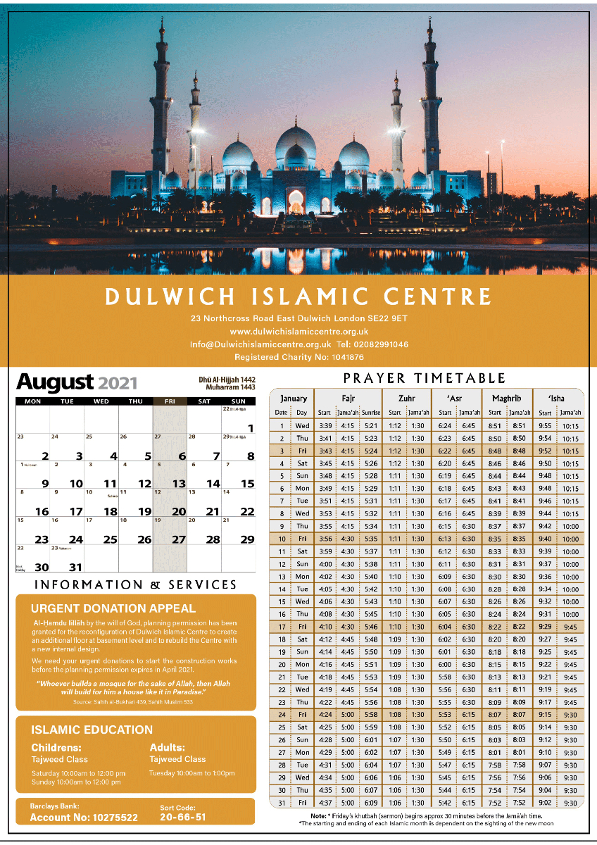 Calendar &amp; Timetable - Dulwich Islamic Centre