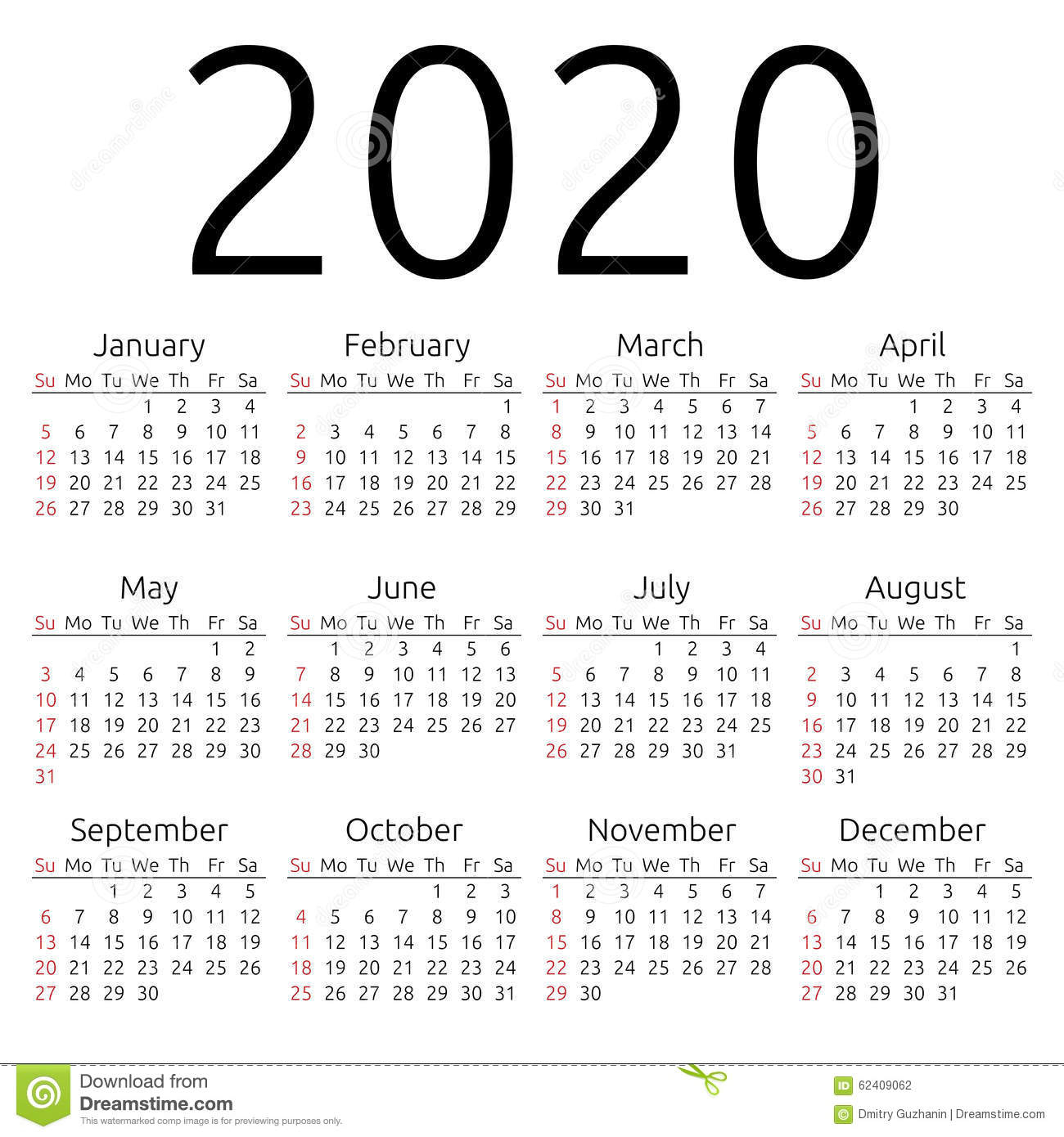 Calendario 2020, Domingo Del Vector Ilustración Del Vector