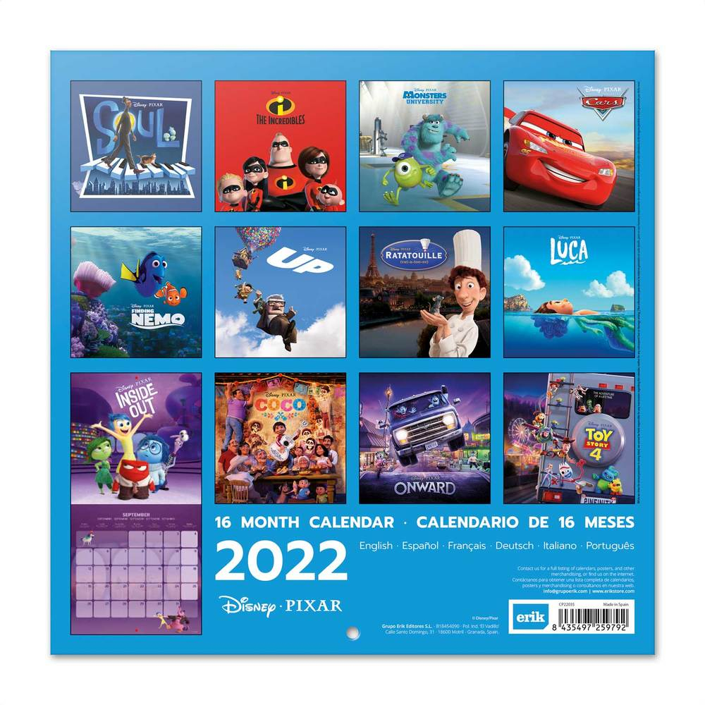 Calendario 2022 30X30 Pixar Movies - Grupo Erik