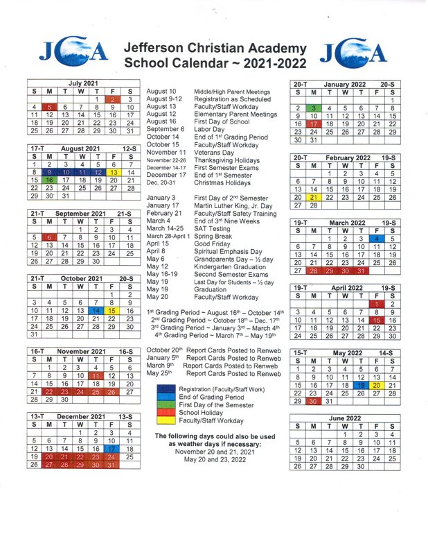 Calendars - Jefferson Christian Academy