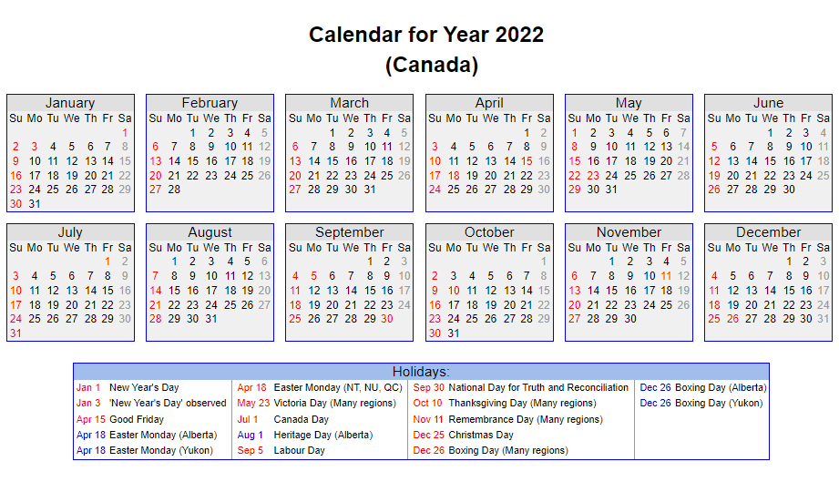 Canada 2022 Calendar With Holidays Free Download