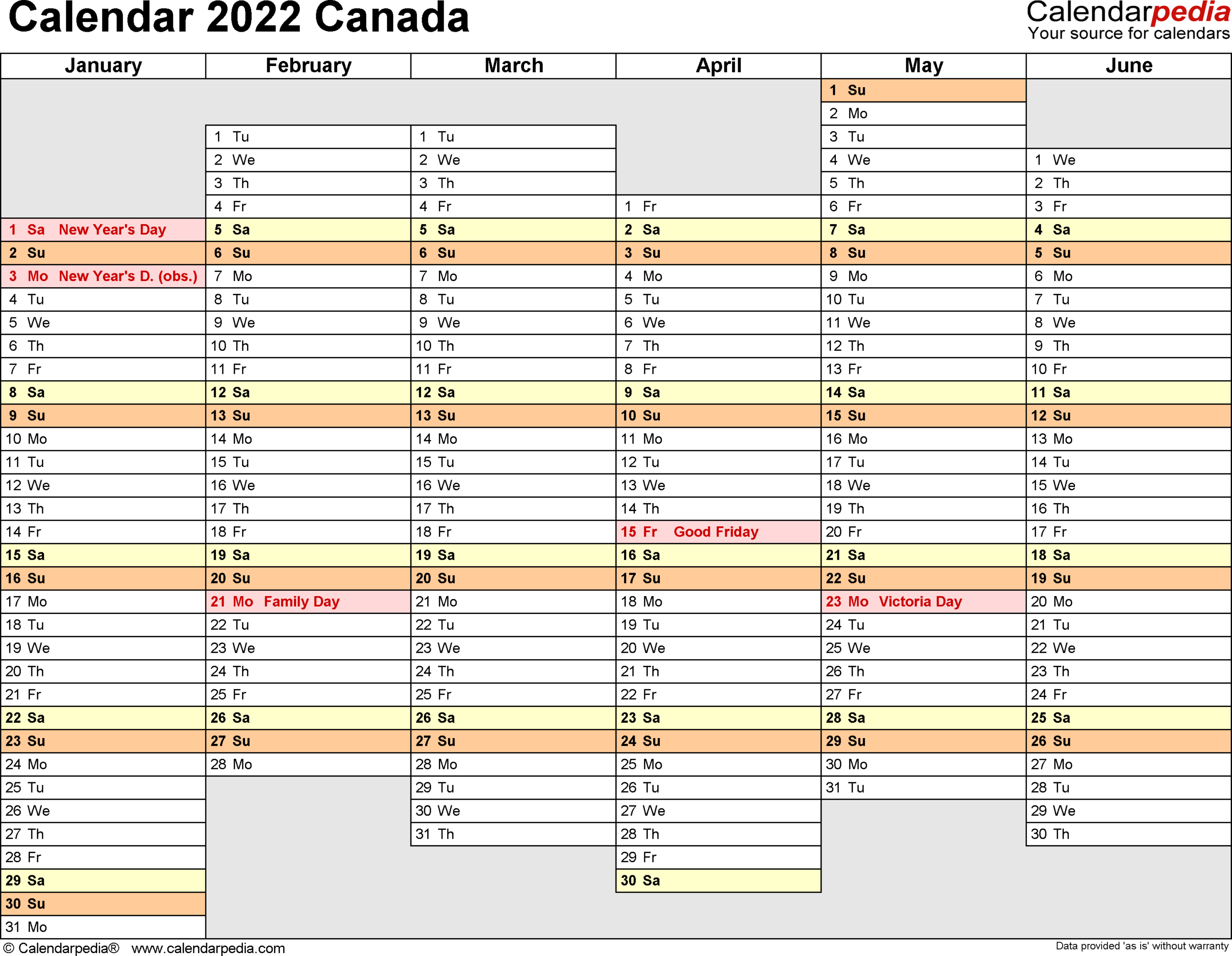 Canada Calendar 2022 - Free Printable Excel Templates