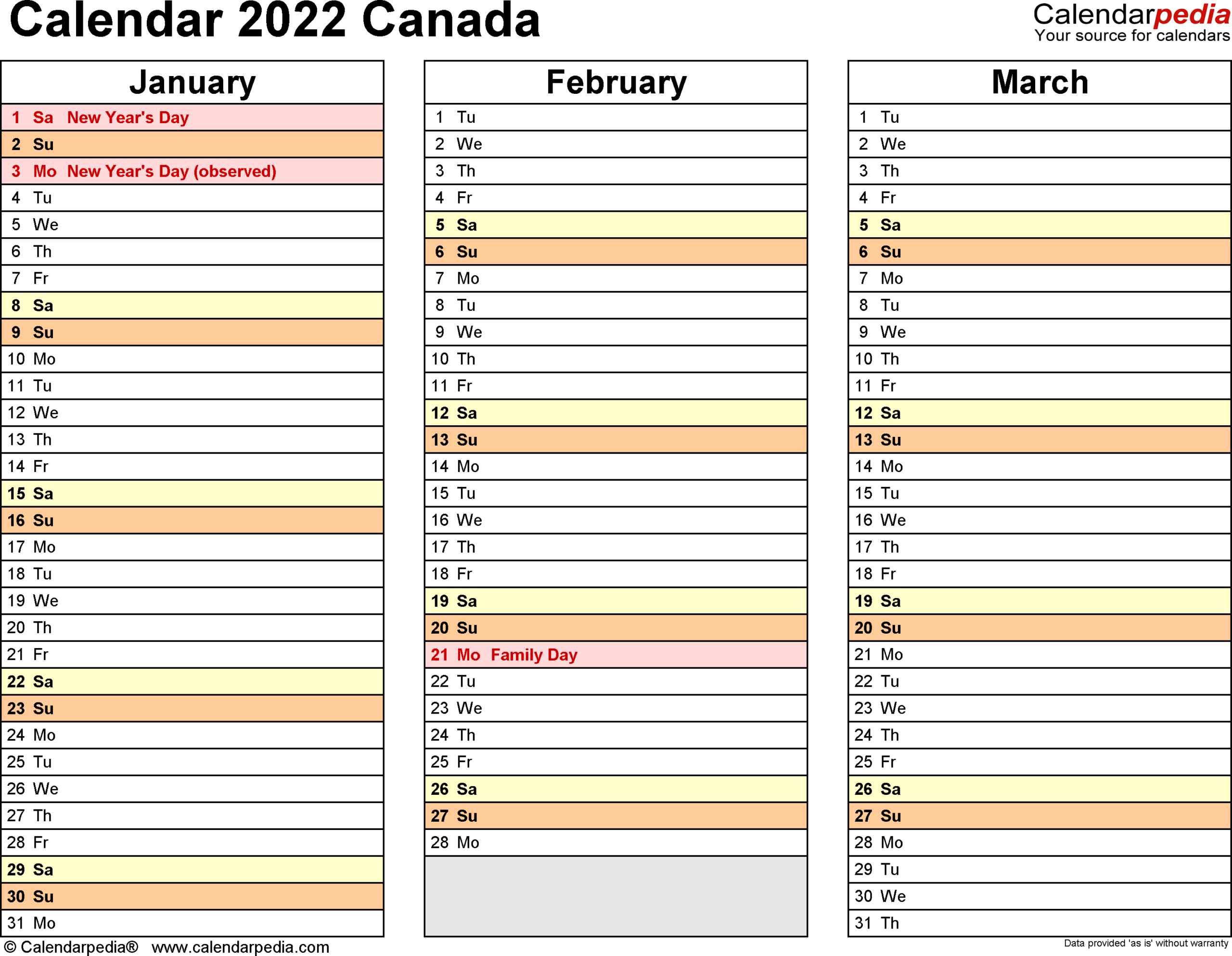 Canada Calendar 2022 - Free Printable Pdf Templates