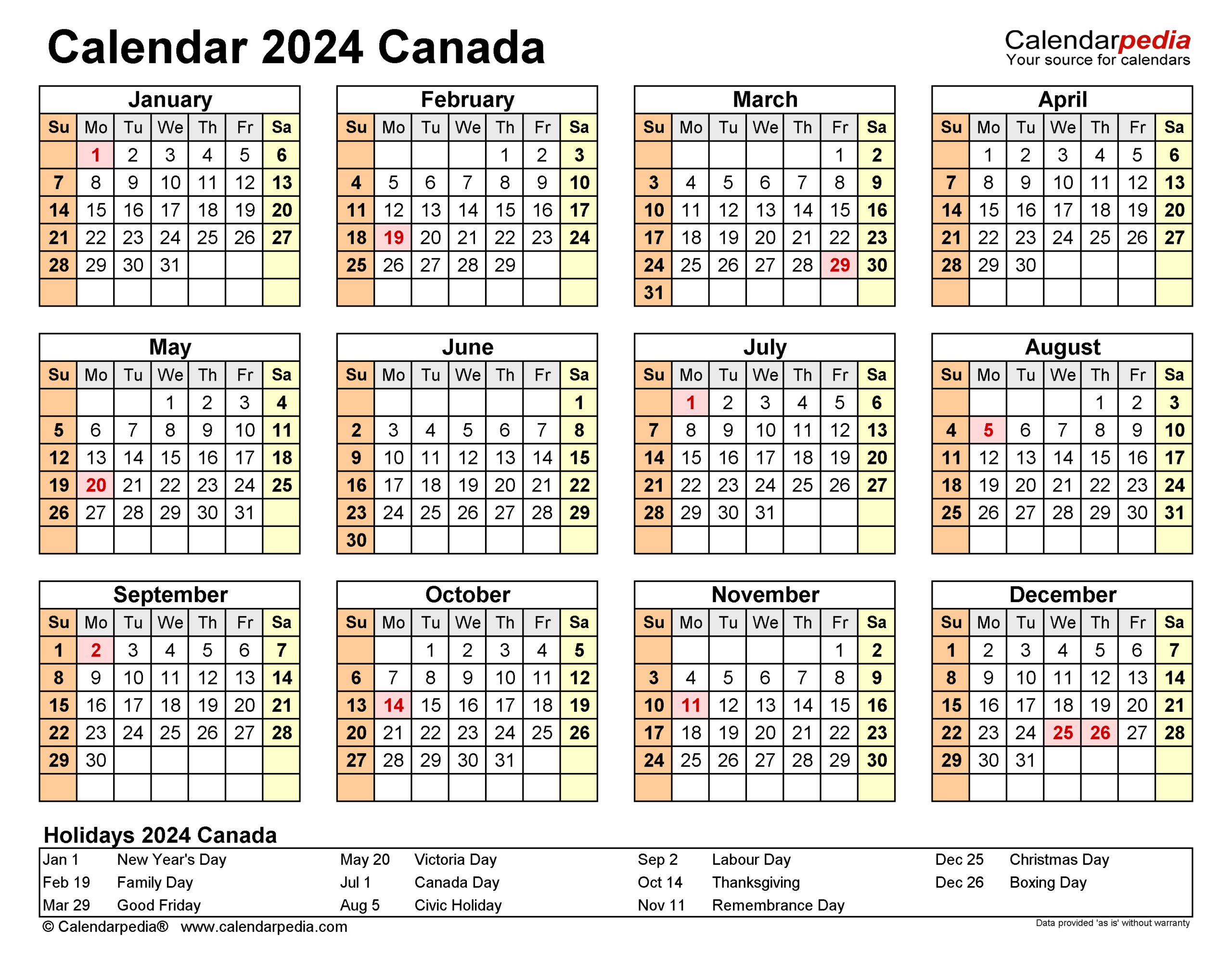 Canada Calendar 2024 - Free Printable Pdf Templates