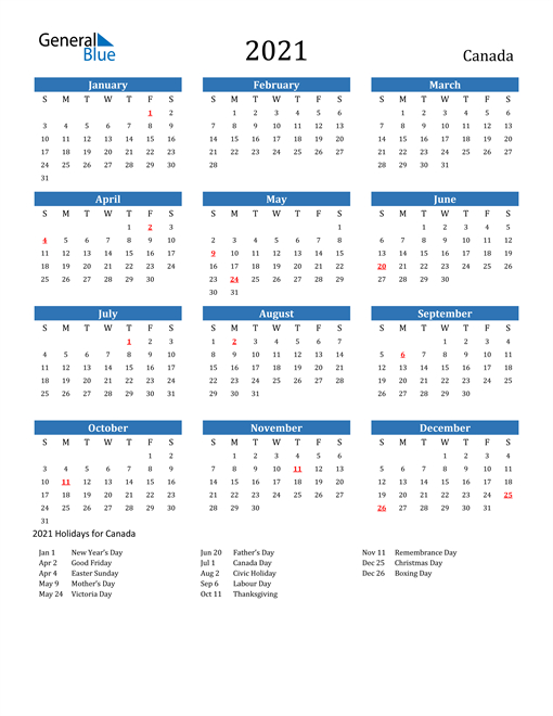 Canada Calendars With Holidays