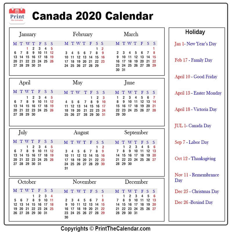 Canada Holidays 2020 [2020 Calendar With Canada Holidays]
