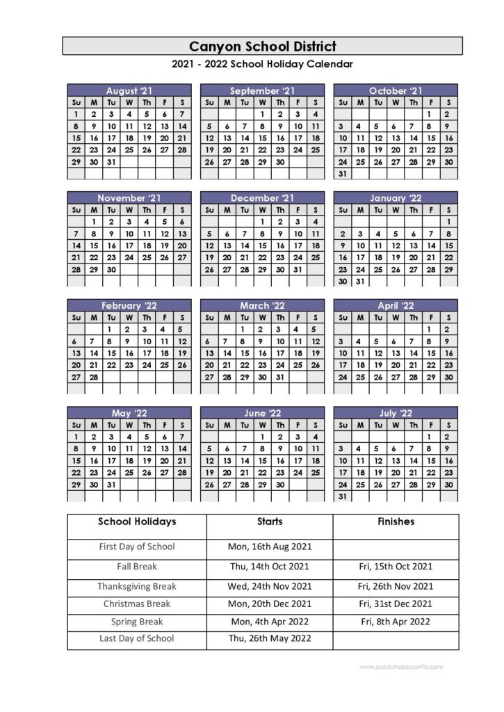 Canyon School District Calendar 2021-2022 &amp; Holidays