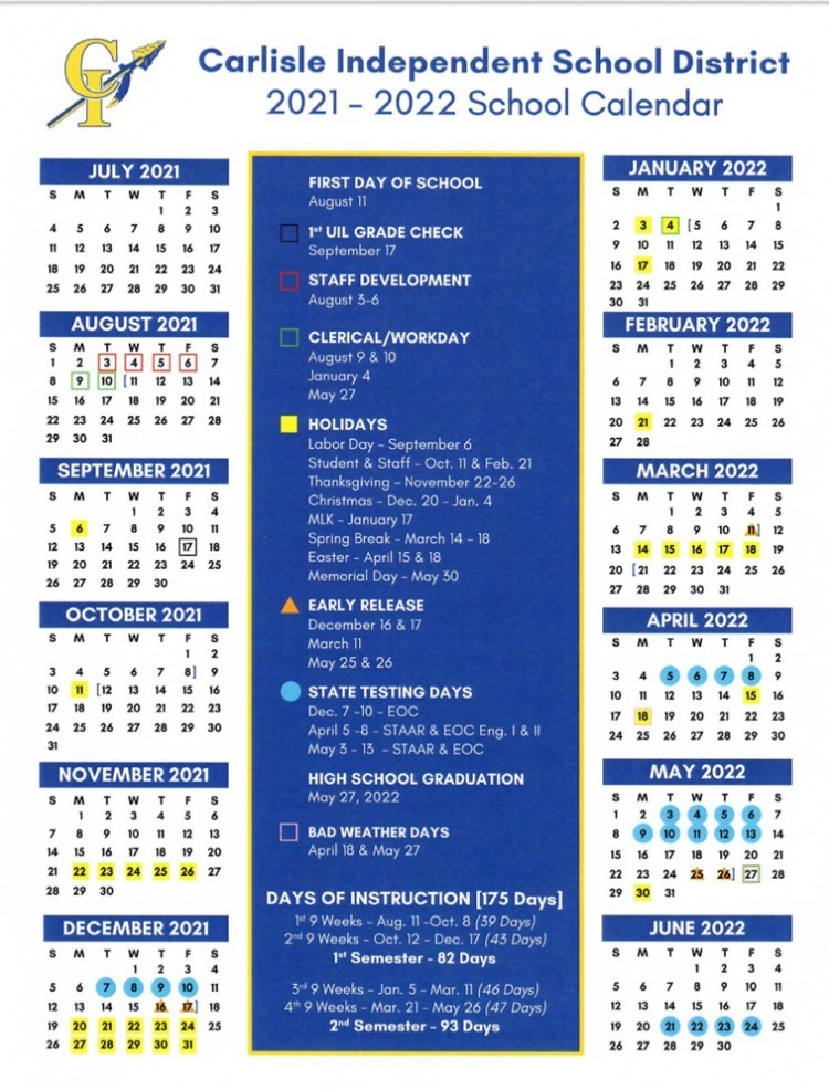 Carlisle Independent School District Calendar 2021 And