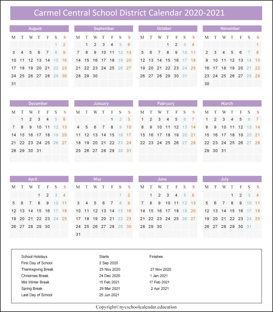 Carmel Central School District Calendar 2021-2022