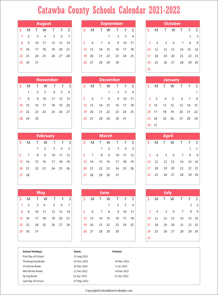 Catawba County Schools District Calendar Holidays 2021-2022