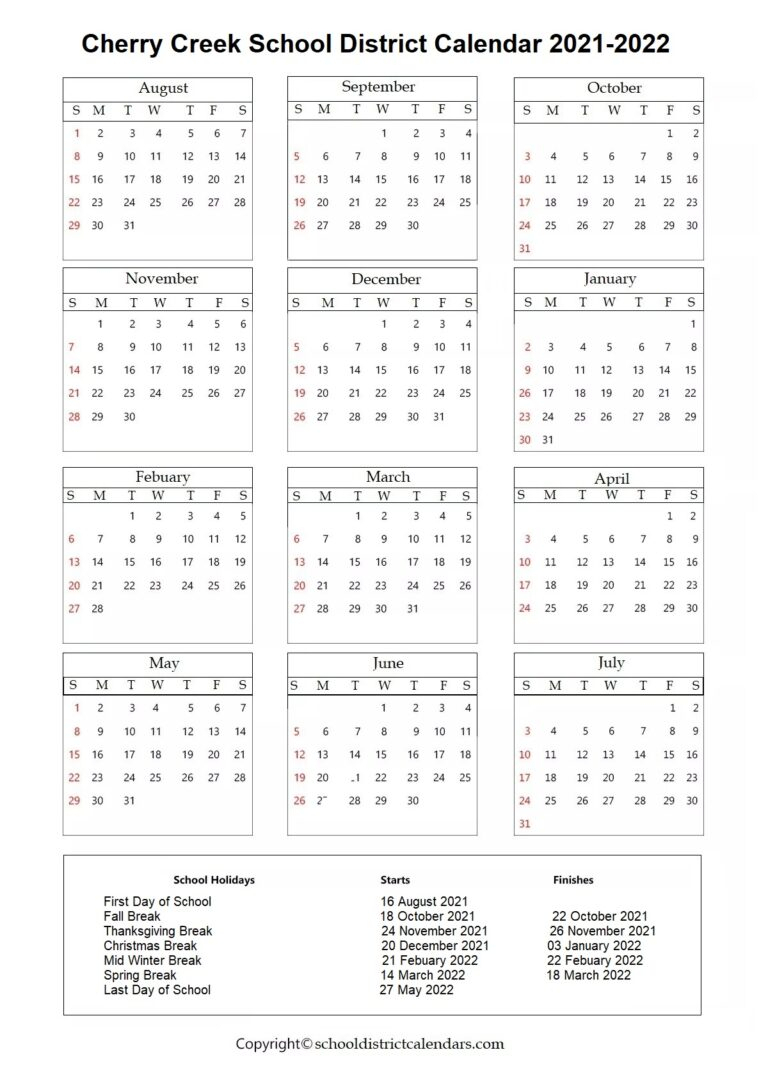 Cherry Creek School District, Colorado Calendar Holidays
