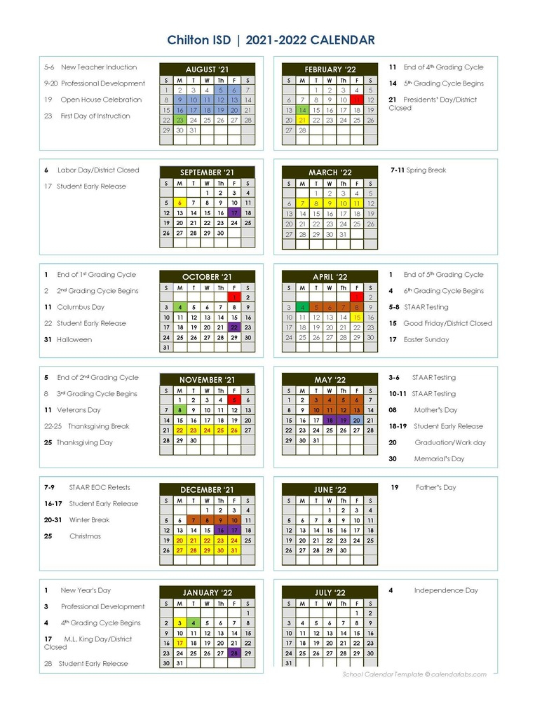 Chilton Independent School District Calendar 2021 And 2022