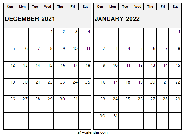 Dec 2021 Jan 2022 Calendar Template - A4 Calendar