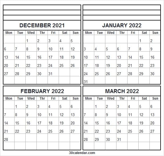 December 2021 To March 2022 Calendar With Notes | Free