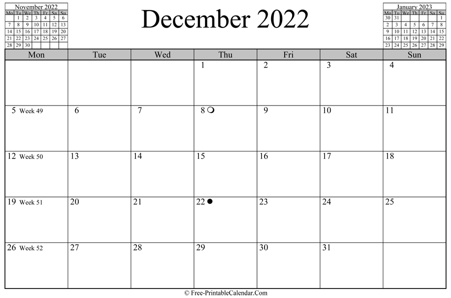 December 2022 Calendar (Horizontal Layout)