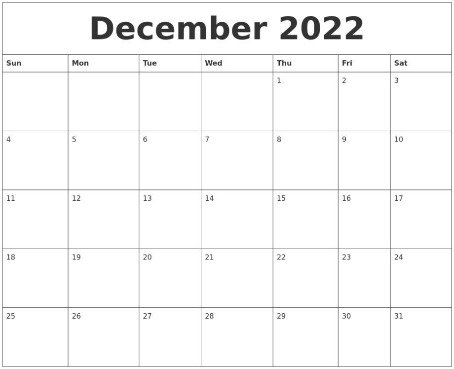 December Calendar Printable 2022 - Monthly Calendars Printable