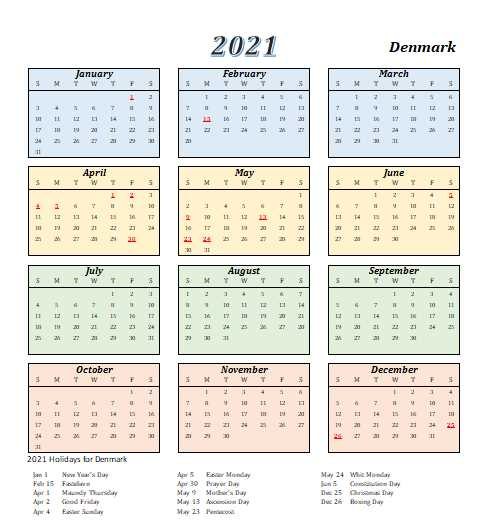 Denmark 2021 Calendar With Holidays