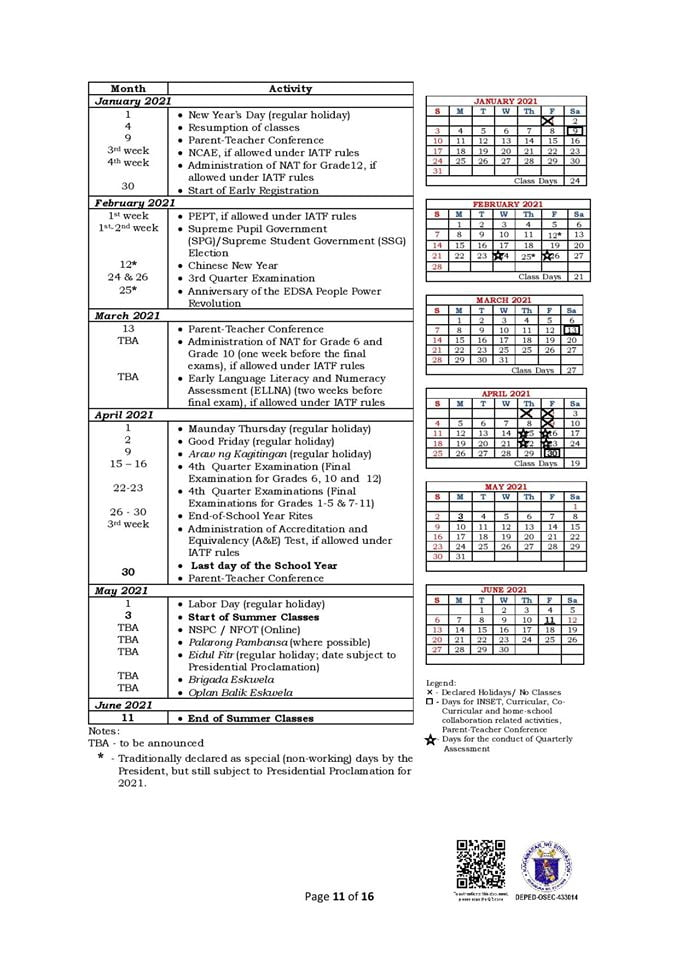 Deped Monthly School Calendar Of Activities For School