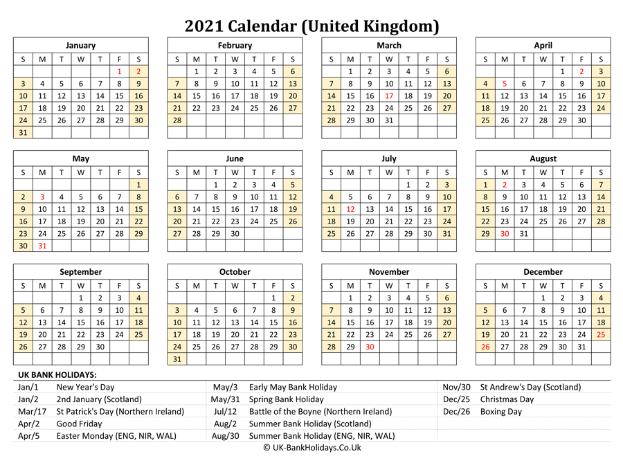 Download 2021 Uk Calendar Printable With Holidays