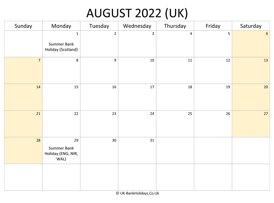 Download Editable August 2022 Uk Calendar (Landscape Layout)