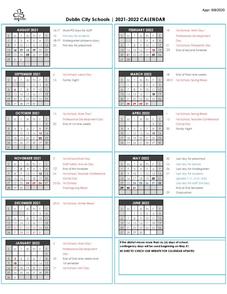 Dublin City Schools Calendar Holidays 2021-2022 In Pdf