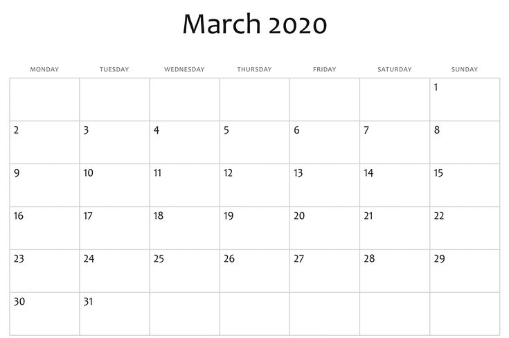 เทมเพลตปฏิทินเดือนมีนาคม 2020 | Monthly Calendar Template