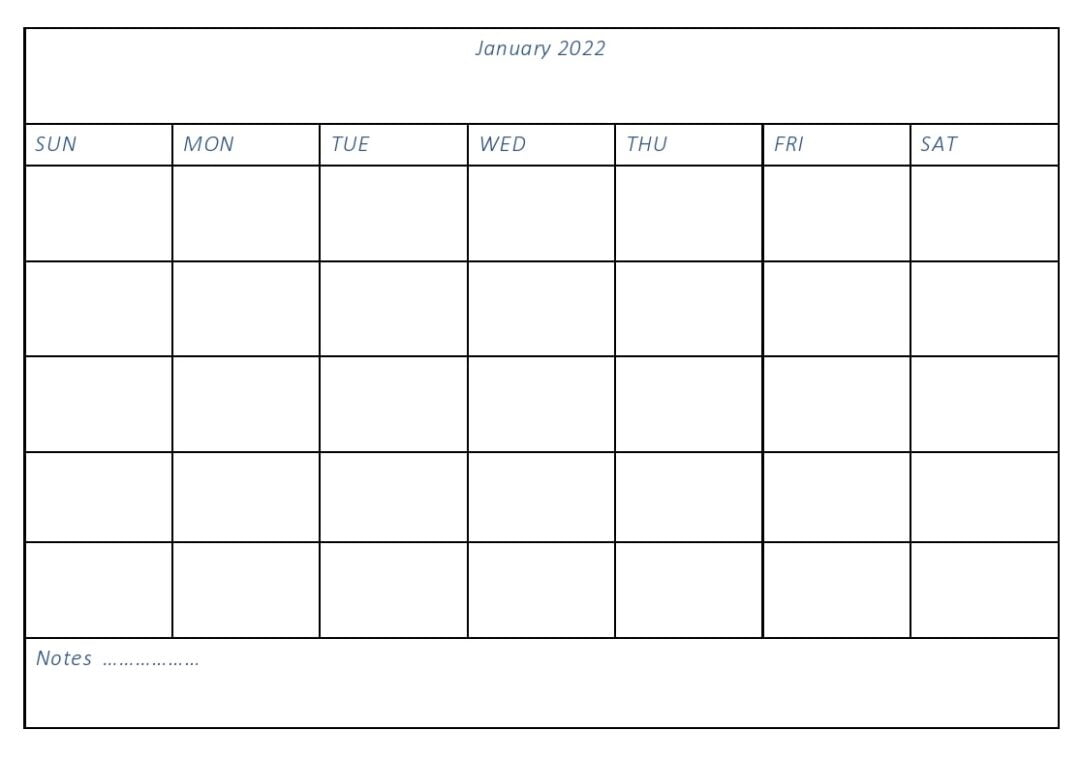 Editable Daily Blank January 2022 Calendar - Mycalendarlabs