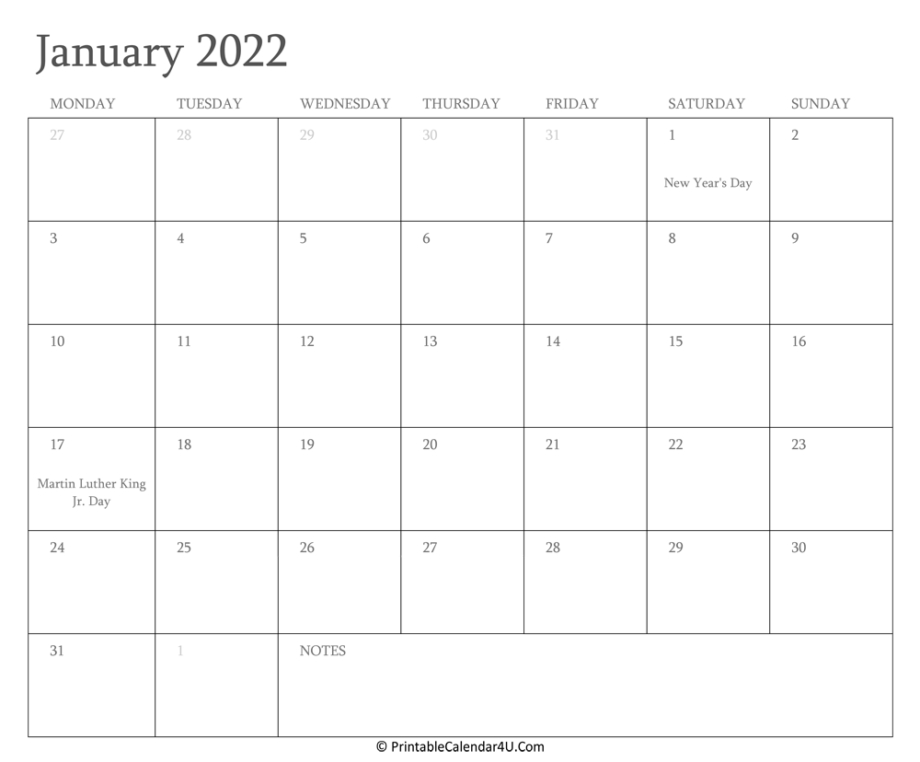 Editable Printable January 2022 Monthly Calendar - 2023
