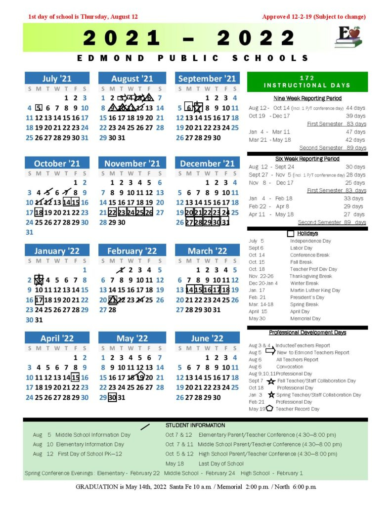 Edmond Public Schools Calendar Holidays 2021-2022