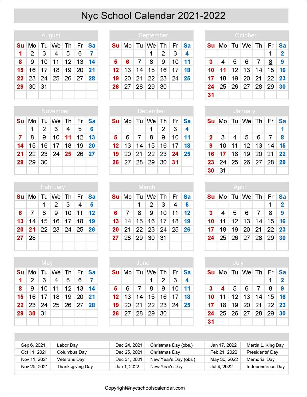 ️Nyc School Holidays Calendar 2021-2022